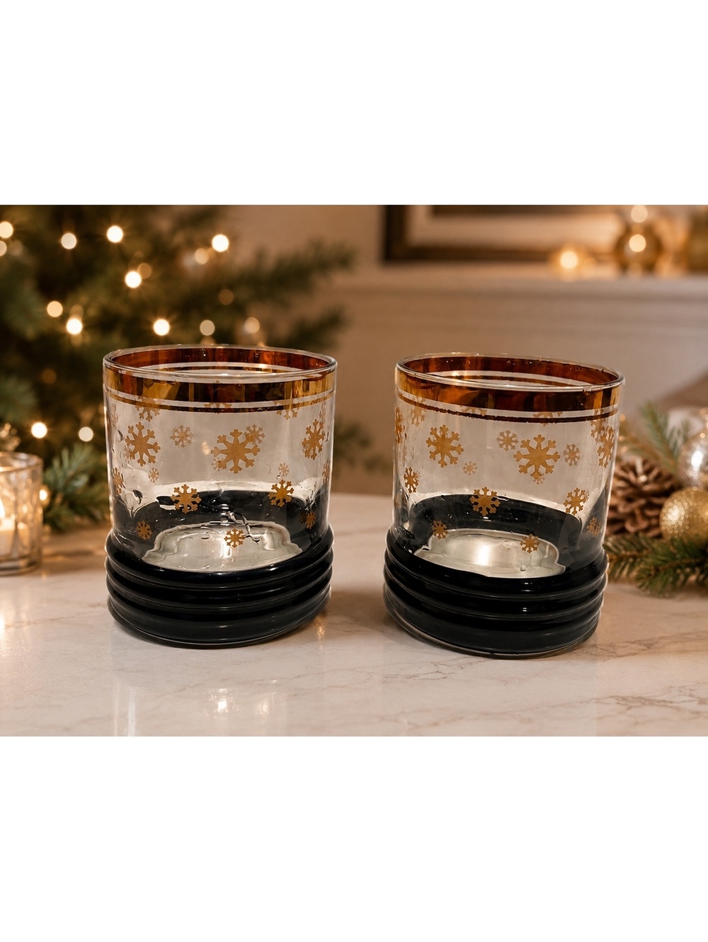 Vintage Sakura Sango 22K Gold Snowflake Christmas Atomic Whiskey Glasses MCM